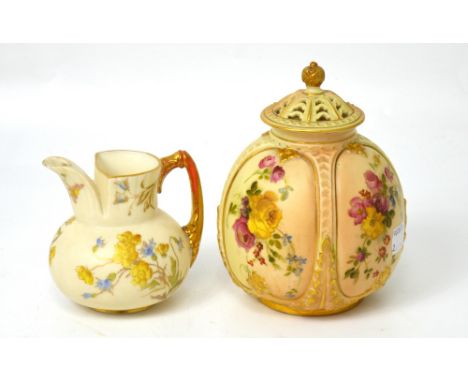 A Royal Worcester gilt heightened floral decorated cream jug, puce marks to base, height 9cm and a Royal Worcester gilt heigh