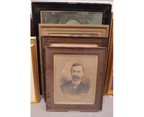 A large pair of Victorian ecclesiastical prints in lacquered frames, an Edwardian photographic portrait, a large gilt framed 