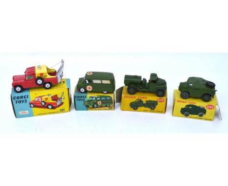 Two boxed Corgi vehicles; 417S Land Rover Breakdown Truck and 414 Bedford Military Ambulance, also two boxed Dinky vehicles; 