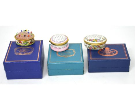 Bilston & Battersea Enamels for Halcyon Days; two enamel pill boxes and an enamel pin cushion, each boxed with certificate (3