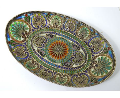 A circa 1900 sterling silver and plique-à-jour enamel dish by George W Shiebler & Co of New York, length 17cm.