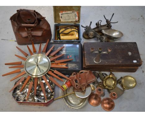 A collectors' lot comprising tools, metalware to include plated cutlery and a set of scales and weights, candlesticks, brass 