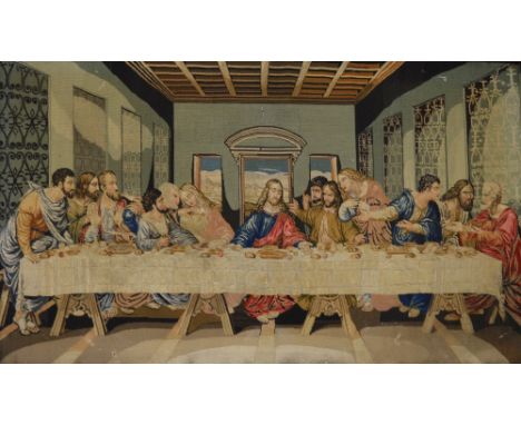 A large c1900 gilt scrolling framed tapestry depicting the last supper, 64 x 116cm. CONDITION REPORT The tapestry has small a