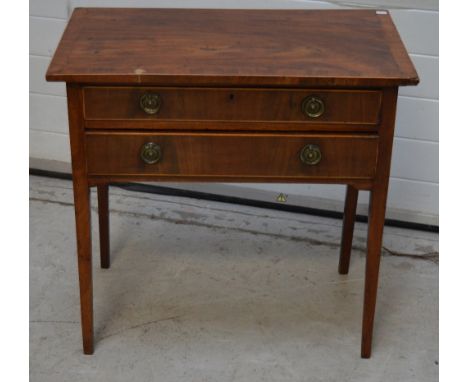 A Victorian walnut two-drawer side table, the drawers with brass ring handles, on square section tapering legs, width 77cm.