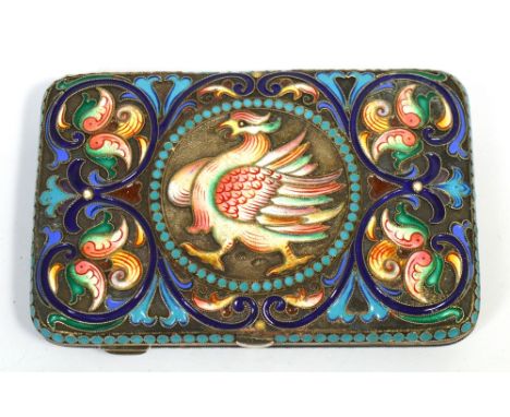 MARIA VASILYEVA SEMENOVA; an early 20th century Russian silver champlevé enamel decorated cigarette box of rounded rectangula