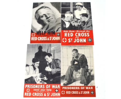 Four fundraising posters designed for the Red Cross and St John's Ambulance requesting donations to help injured servicemen a