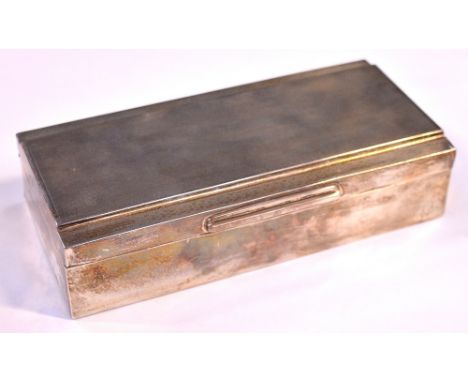 A George VI hallmarked silver wooden lined engine turned cigarette box, Birmingham 1939.