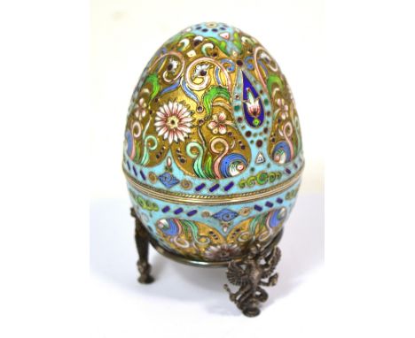 PAVEL AKIMOV OVCHINNIKOV; a large 20th century Russian silver gilt champlevé enamel decorated egg-shaped box, overall decorat