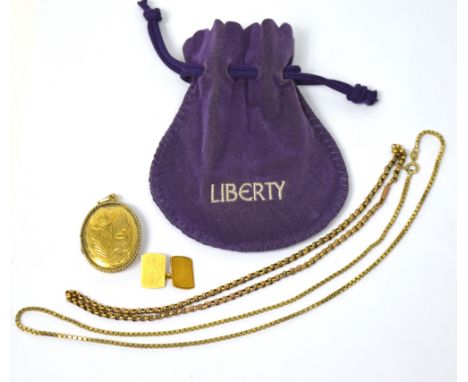 A 9ct gold single cufflink, a 9ct gold belcher chain, approx combined 11g and a silver gilt box link chain with a silver gilt