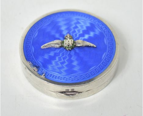 A George V hallmarked silver blue guilloché enamel RAF trinket box, diameter 5cm, Gieves Ltd, Birmingham 1929, approx 1.3ozt.