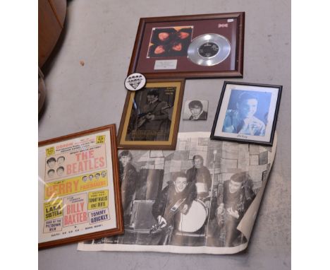 A Beatles silver disc for 'Yesterday', three further prints and pictures relating to the Beatles and Elvis Presley to include