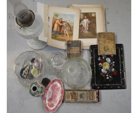 A collectors' lot comprising opaque glass oil lamp, a white ground Oriental vase on hardwood stand, books to include 'Old Lon