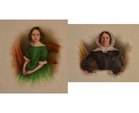 A pair of late 19th century rectangular ceramic plaques with hand tinted photographic portraits of an elderly woman wearing a