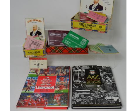A quantity of Liverpool FC season ticket books, earliest 1967-68 season and two Liverpool FC related books.