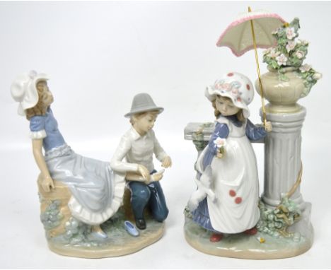 A Lladró figure group depicting a young girl holding an umbrella beside a stoneware column with jardinière of flowers, height