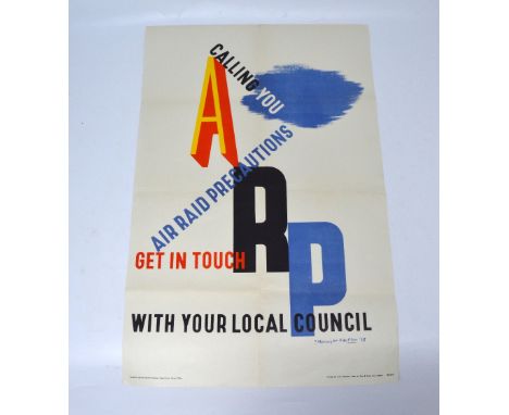 'A.R.P. Calling You', an Air Raid Precautions Department recruiting poster designed by E. McKnight Cauffer circa 1938, with v