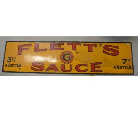 A 'Flett's Sauce' enamel sign, from the Liverpool jam factory which was bombed during the war, length 182cm.