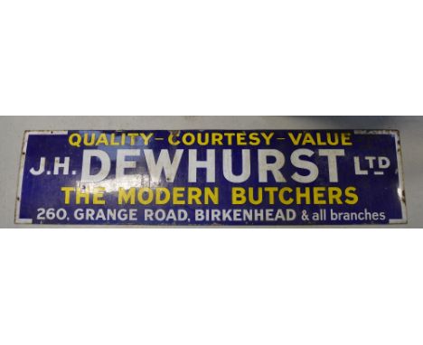 A large 'J. H. Dewhurst Ltd: The Modern Butchers' of 260 Grange Road, Birkenhead enamel sign, length 183cm.