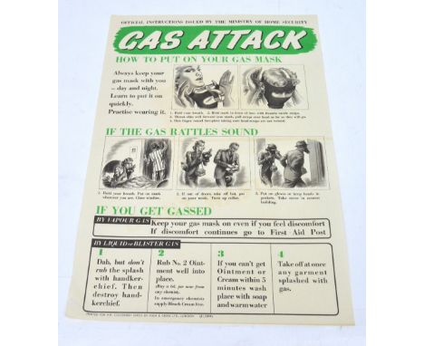 'Gas Attack, How to Put on Your Gas Mask', a public information poster issued by the Ministry of Home Security, circa 1940, g
