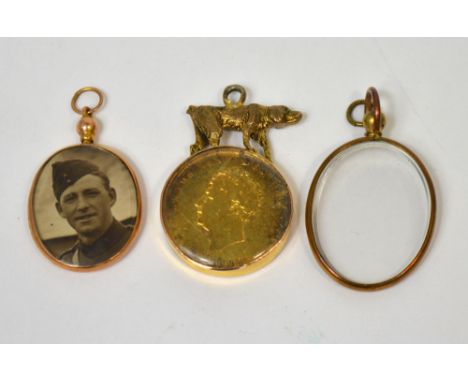 A yellow metal framed gold coin dated 1826 and two yellow metal framed portrait pendants, one set with a military portrait, o