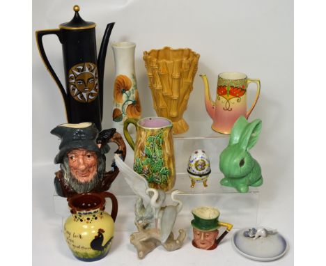 A Royal Doulton character jug D6438 'Rip Van Winkle', a Crown Ducal water jug, a tall Radford vase, a Sylvac rabbit, a Torqua