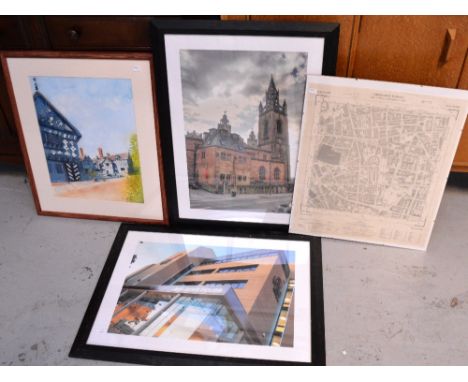 A Watercolour depicting Speke Hall, signed indistinctly lower-right, 48 x 37cm, a mid 20th century ordnance survey map of cen