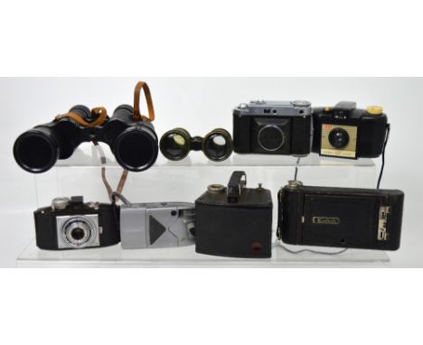 A leather-cased pair of Elkow Air Port 12 x 50 field binoculars and further binoculars and cameras to include Agfa, and Kodak