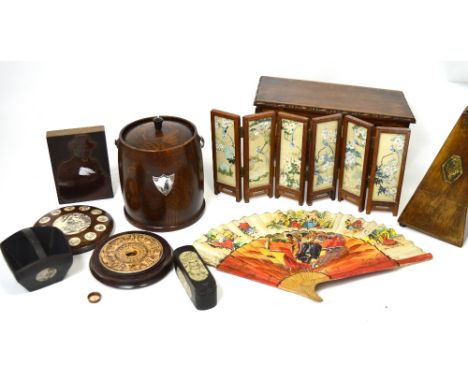A collectors' lot comprising a metronome, miniature Oriental folding screen, Oriental wooden and bone items and a fan etc.