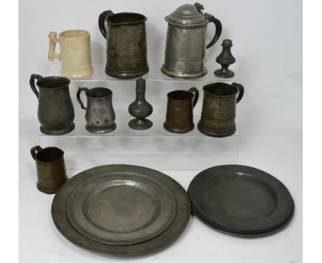 Six 18th century pewter plates most with various touch marks, the largest approx 30.5cm, an 18th century tankard with a hinge