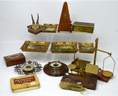 A collectors' lot comprising walnut cased 'Maelzel' metronome, a set of postal scales, two small wall barometers, gilt metal 
