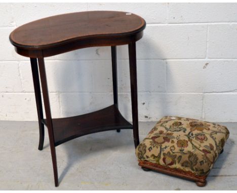 A reproduction mahogany inlaid kidney shaped side table on splayed supports with lower shelf and a Victorian mahogany footsto