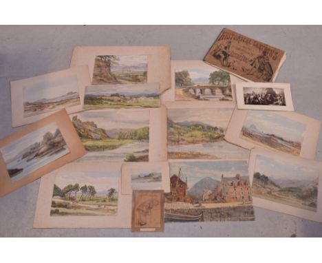 A quantity of late 19th century unframed amateur watercolours, mainly depicting landscape scenes and 'Historical Cartoons fro