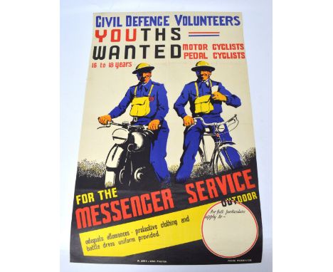 'Youths Wanted for the Messenger Service', a Civil Defence Volunteers recruitment poster circa 1941, in full colour showing t