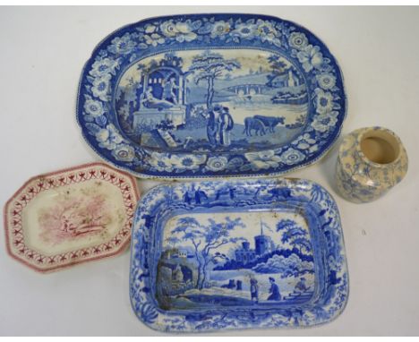 A collectors' lot of 19th century blue-over-white ceramics to include Minton, Spode and others and a red-over-white dish with