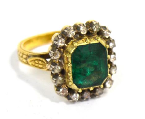 A yellow metal green tanzanite and diamond ring, indistinctly marked to back of shank, size M, approx 9.4g.