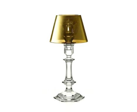 Includes 3 pieces: Harcourt candlestick base, Harcourt inspired candleholder, and gold crystal lampshade with metallic finish