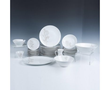 Classic Rose design featuring a single white rose with brown leaves outlined in gold. This lot includes 12 dinner plates, 12 