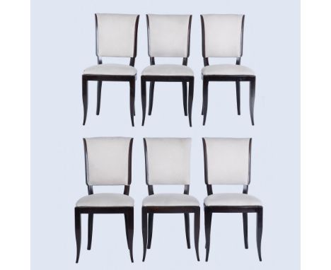 Set includes 6 vintage French Art DecoÂ&nbsp;dining chairs with light colored upholstered seats, fronts and backs, and dark w