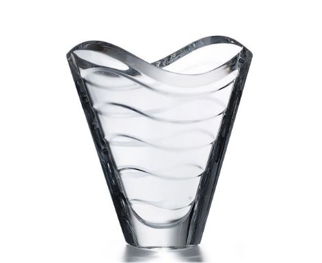 Crystal vase with a layered design, featuring a wide V-shape and smooth, reflective surfaces. 2102668. This item has its orig