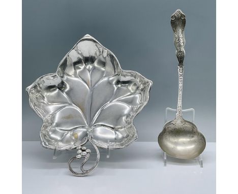 Features a silver plated maple leaf shaped dish and a ladle. Marked F.B Rogers and W.M Rogers. Largest measures 12"L x 9.75"W