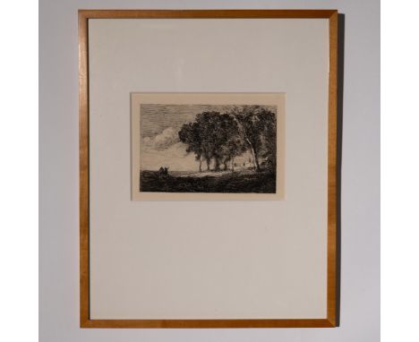 This exquisite etching on cream laid paper, after the original artwork Paysage d'Italie by Jean-Baptiste Camille Corot, depic