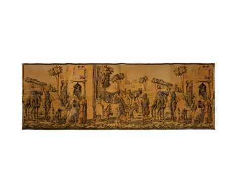 Depicts a Middle East Arabian market scene with beautiful colors. This item has no reserve. Dimensions: 53" L x 18.25" HCondi