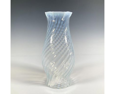 A glass lamp shade with a rounded center that narrows at the top, featuring a white spiral design throughout. Dimensions: 9.5
