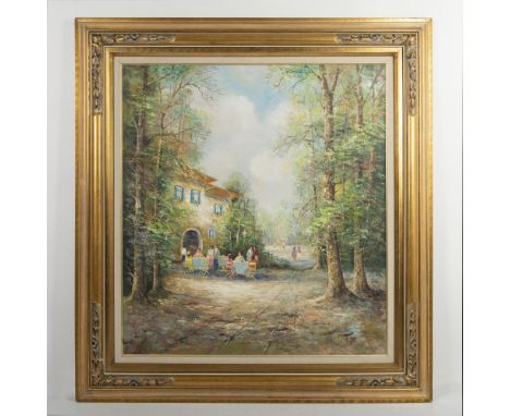 Large Impressionist original oil on canvas by French painter J. Colletti who depicts a group of strollers and cafe goers leis