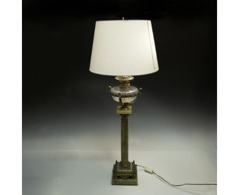 Tall multi tier table lamp with faux oil reservoir, brass details and blue enamel work. Issued: 20th centuryDimensions: 6.75"