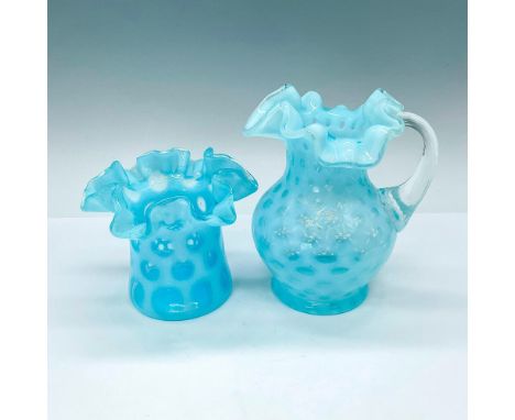 Lovely blue glass pitcher and vase decorated with coindot pattern. Largest piece measures 4.75"L x 3.75"W x 5.25"H. Condition