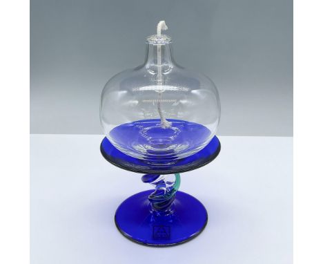 Features a cobalt blue and clear glass oil lamp with a blue green spiral detail. Art Czech Republic sticker. Issued: 20th cen