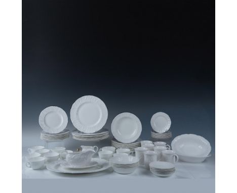 A collection of Wedgwood white bone china tableware in the embossed leaf Countryware pattern. The Wedgwood collection include