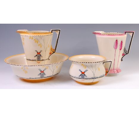 A Burleighware Art Deco ceramic jug and bowl set, in the Windmill pattern, comprising; large circular footed bowl, dia. 40.5c