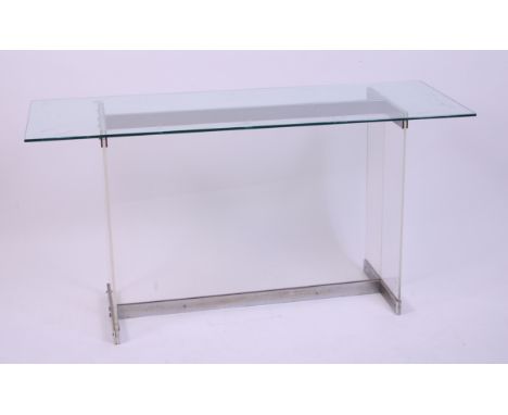 A 1960s Italian flat-sided chrome, perspex and glass topped console table, of rectangular form, h.77.5cm, w.152cm, d.58cm